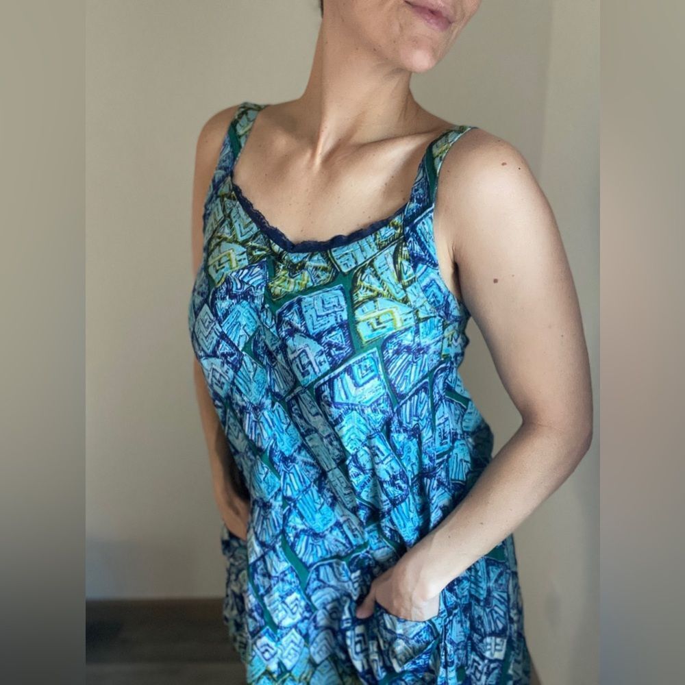 Free People Mini Dress Oversized Trapeze Blue Green Triangle Print